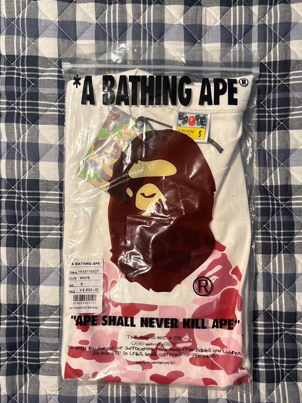 A Bathing Ape White Graphic Short-Sleeve Tee with Pink Camo Accent size small